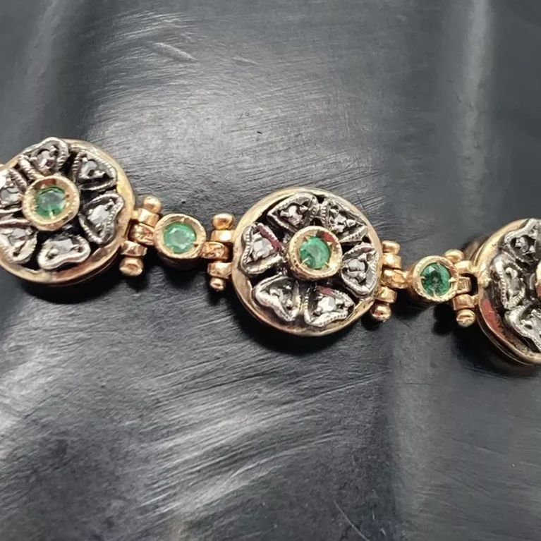 Bracciale Vintage Oro 14Kt Smeraldi e Diamanti grezzi