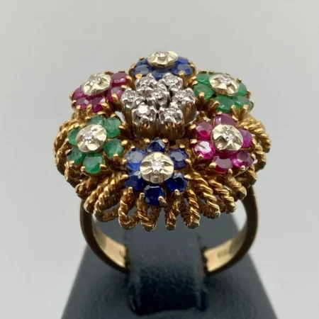 Anello Fiori in Oro Giallo 18kt o 750 con Diamanti-Rubini-Zaffiri-Smeraldi.