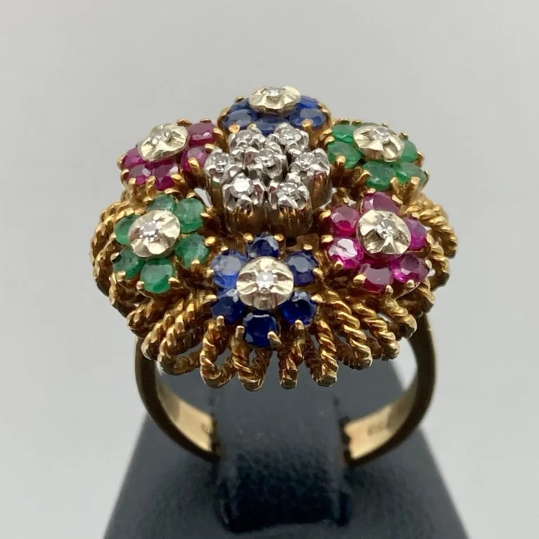 Anello Fiori in Oro Giallo 18kt o 750 con Diamanti-Rubini-Zaffiri-Smeraldi.